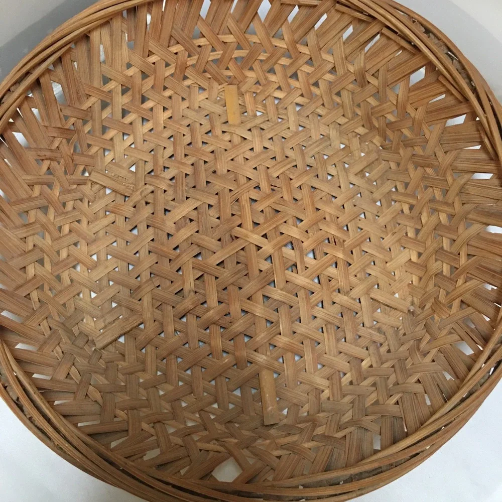 Woven Bamboo Basket Home Decor Medium Brown Round Lattice Design Cottagecore